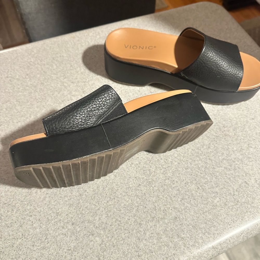Vionic Black Leather Platform Slides - image 3